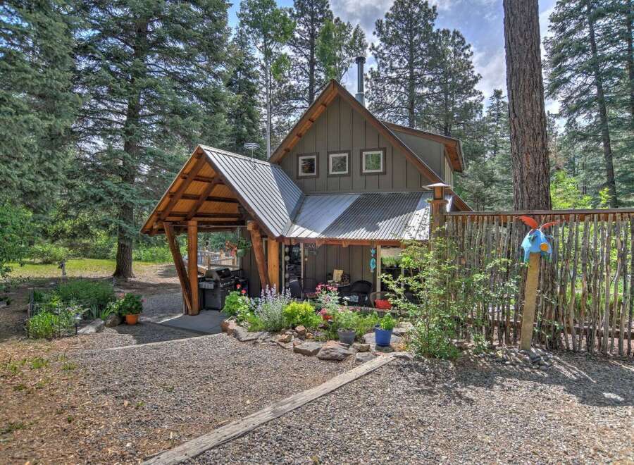 Escape to this charming cabin nestled amongst tall pine trees, offering a serene retreat.