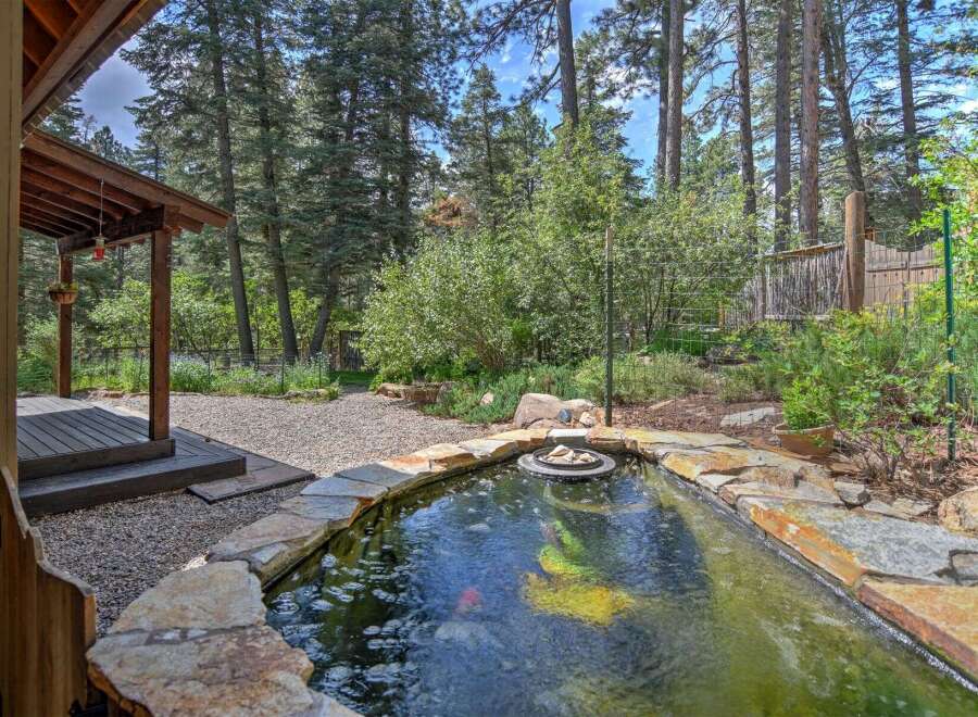 Discover a serene backyard oasis featuring a natural stone-lined pond, perfect for tranquil moments.