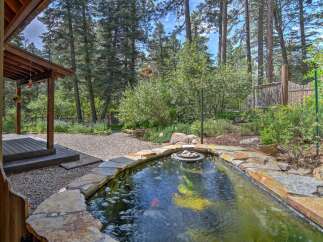 Discover a serene backyard oasis featuring a natural stone-lined pond, perfect for tranquil moments.