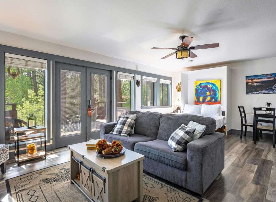 Experience cozy living in this charming studio apartment, featuring a comfortable sofa and a plush bed perfect for relaxation.