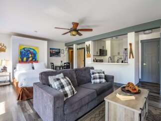 Experience cozy mountain living in this charming studio apartment, featuring a comfortable bed, a modern kitchenette, and a spacious living area perfect for relaxation.