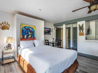 Experience cozy mountain living in this charming studio, featuring a comfortable queen-size bed and vibrant bear-themed artwork.