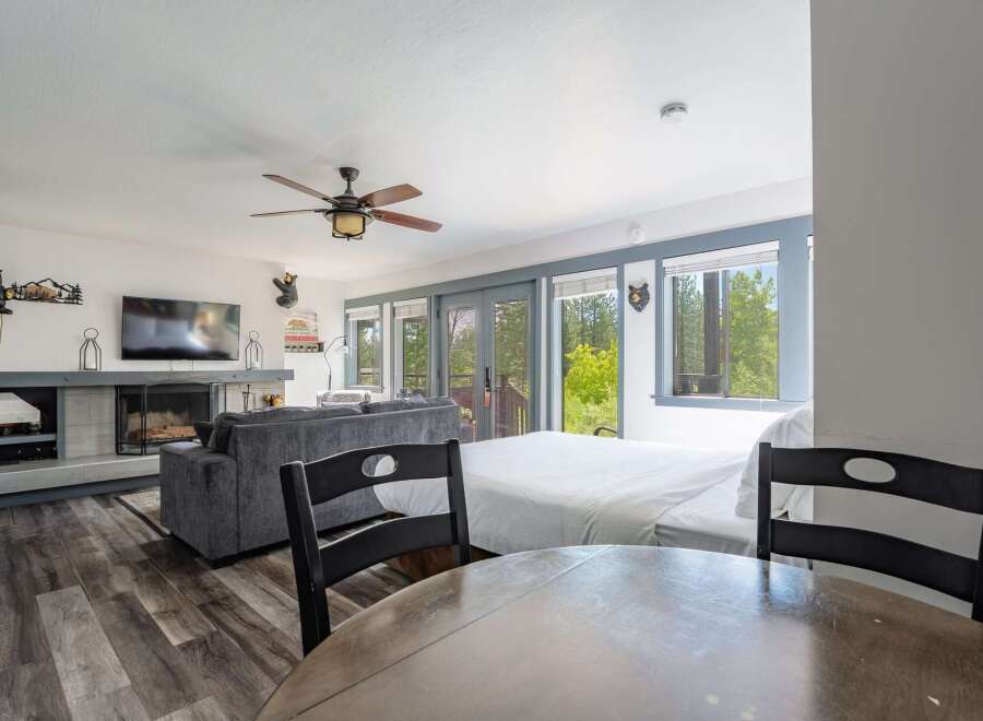 Experience cozy living in this charming studio featuring a comfortable sofa, a modern fireplace, and a large bed perfect for relaxation.