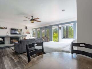 Experience cozy living in this charming studio featuring a comfortable sofa, a modern fireplace, and a large bed perfect for relaxation.