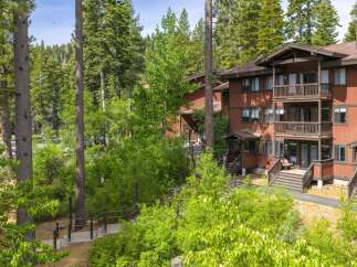 Nestled amidst towering pine trees, this charming multi-level residence offers a serene mountain getaway.