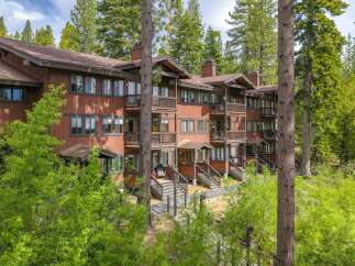 Nestled amidst towering pine trees, this charming multi-story condo offers a serene mountain retreat.