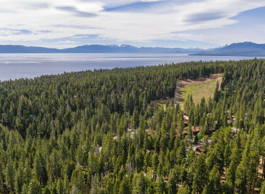 Nestled amidst a dense pine forest, this property offers a serene retreat with stunning views of a vast lake and distant snow-capped mountains.