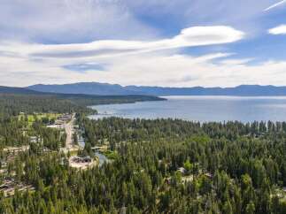 Discover this stunning aerial view of a lakeside community nestled amidst a dense forest of pine trees.