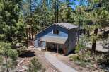 Nestled amidst tall pine trees, this charming blue home offers a serene mountain retreat.