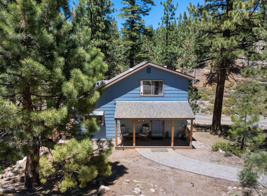 Nestled amidst tall pine trees, this charming blue home offers a serene mountain retreat.