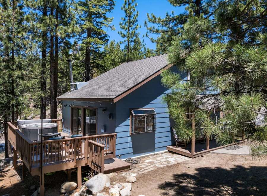 Escape to this charming blue cabin nestled among tall pine trees, offering a serene mountain retreat.