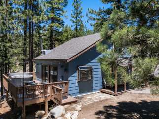 Escape to this charming blue cabin nestled among tall pine trees, offering a serene mountain retreat.