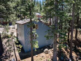 Nestled amongst tall pine trees, this charming blue home offers a serene mountain retreat.