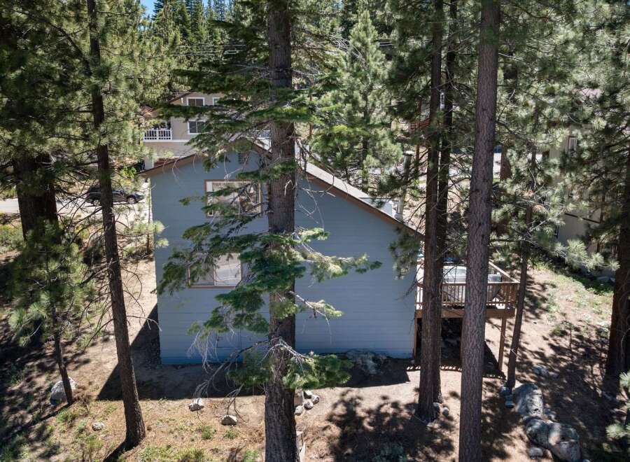 Nestled amongst tall pine trees, this charming home offers a serene mountain retreat.