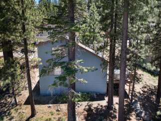 Nestled amongst tall pine trees, this charming home offers a serene mountain retreat.