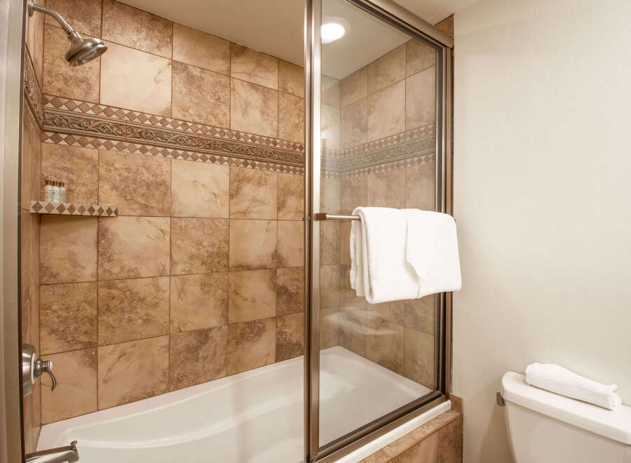Experience luxury in this beautifully appointed bathroom featuring a spacious bathtub and shower combination enclosed by a sleek glass door.
