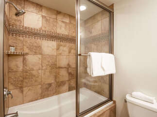 Experience luxury in this beautifully appointed bathroom featuring a spacious bathtub and shower combination enclosed by a sleek glass door.
