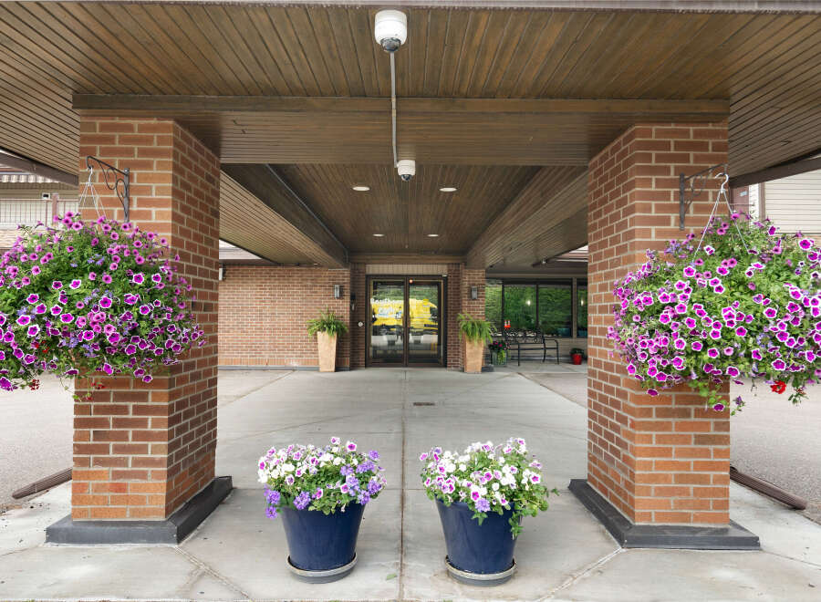 Welcome guests with vibrant curb appeal, featuring lush hanging flower baskets overflowing with purple and white petunias.