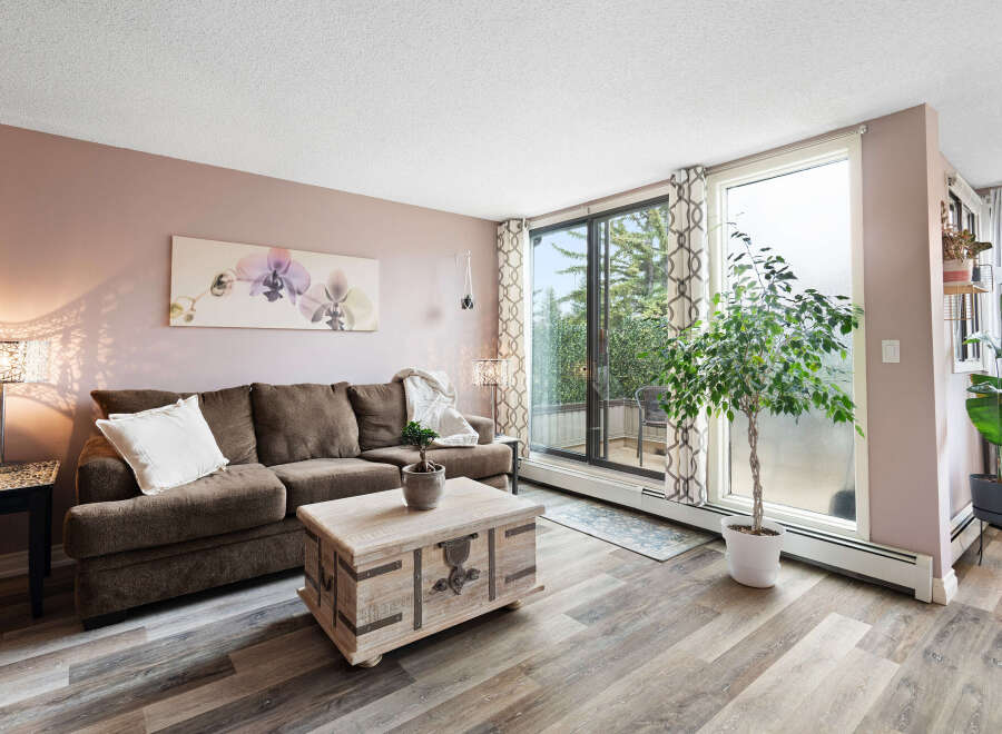 Experience comfortable living in this inviting living room, featuring a plush brown sofa perfect for relaxation.