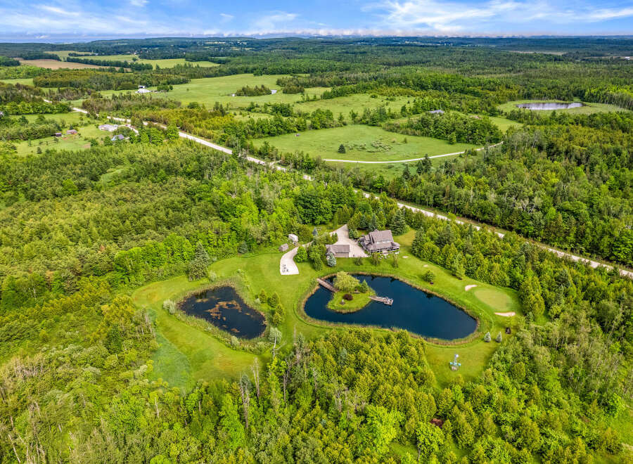 Discover this stunning rural estate featuring a large main house and guest house, surrounded by lush greenery and mature trees.