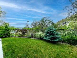 Enjoy the outdoors in this beautifully landscaped backyard, featuring a lush green lawn perfect for recreation.