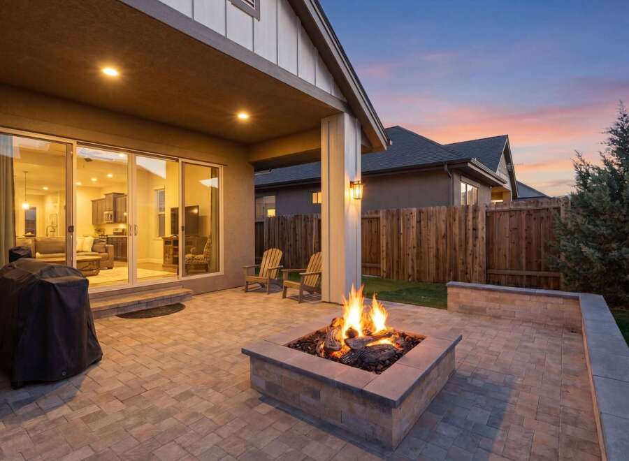 Enjoy cozy evenings in this backyard oasis, complete with a built-in fire pit and ample patio space for entertaining.
