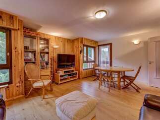 Experience cozy living in this charming wood-paneled living room, featuring a comfortable seating area with a plush ottoman and a dedicated dining space with a round wooden table and chairs.