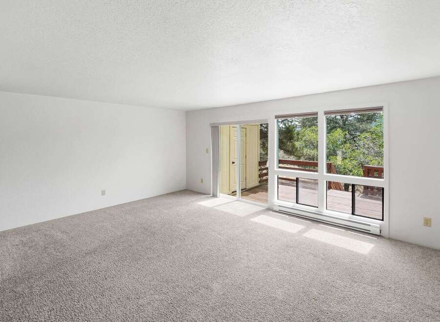Experience natural light and scenic views in this spacious living area, featuring a large window overlooking a wooded landscape.