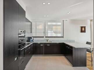 Experience modern luxury in this sleek kitchen featuring dark wood cabinetry and a stunning granite countertop.