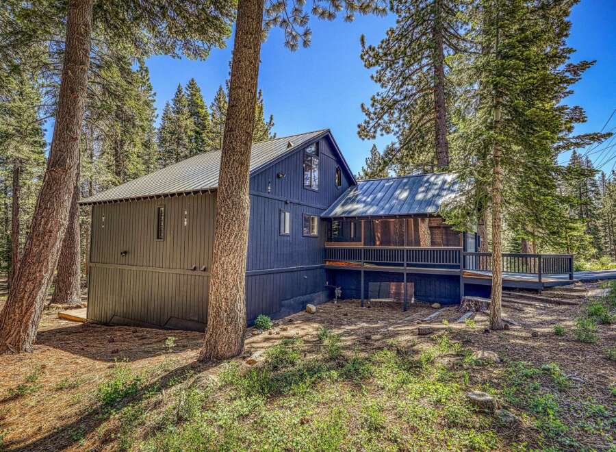 Nestled amidst towering pine trees, this charming dark blue home offers a serene mountain retreat.