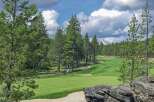 Experience the ultimate golf getaway with this stunning view of a meticulously maintained golf course nestled amongst tall pine trees.