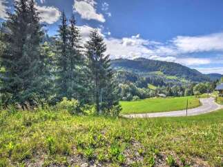 Discover breathtaking mountain views from this stunning property, nestled amidst lush greenery and mature trees.