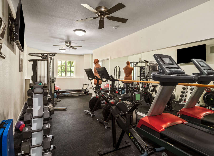 Elevate your fitness routine in this fully equipped home gym, featuring state-of-the-art treadmills, stationary bikes, and a rowing machine.