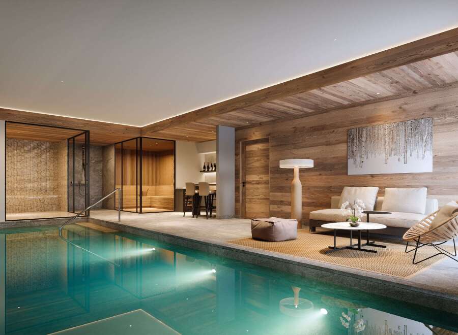 Experience ultimate relaxation in this luxurious indoor spa featuring a stunning swimming pool and a modern sauna.