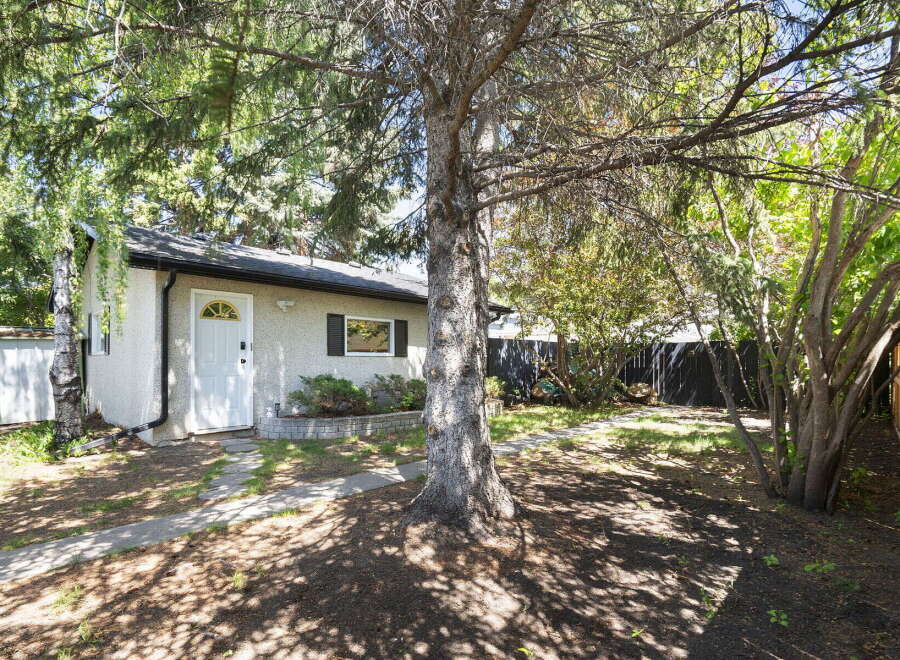 Charming bungalow with a white front door and a decorative window, nestled amongst mature trees.