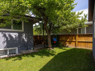 Enjoy outdoor living in this charming backyard featuring a lush green lawn and a mature tree perfect for shade.