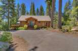 Nestled among tall pine trees, this charming wooden cabin offers a serene retreat.