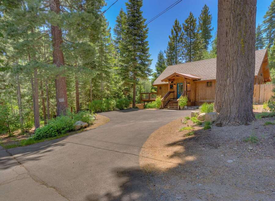 Nestled amidst towering pine trees, this charming wooden cabin offers a serene mountain retreat.