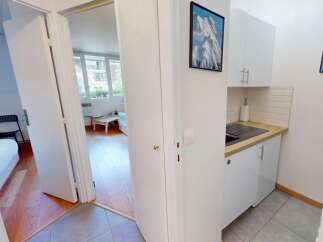 Discover this charming studio apartment featuring a compact, modern kitchenette equipped with a sink and ample cabinet space.