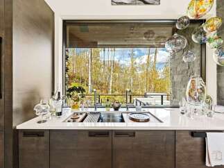 Experience luxury living with this stunning kitchen featuring a large sink area overlooking a breathtaking forest view.