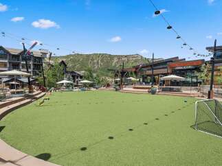 Experience outdoor living at its finest in this vibrant community space, featuring a lush artificial turf lawn perfect for recreation and relaxation.