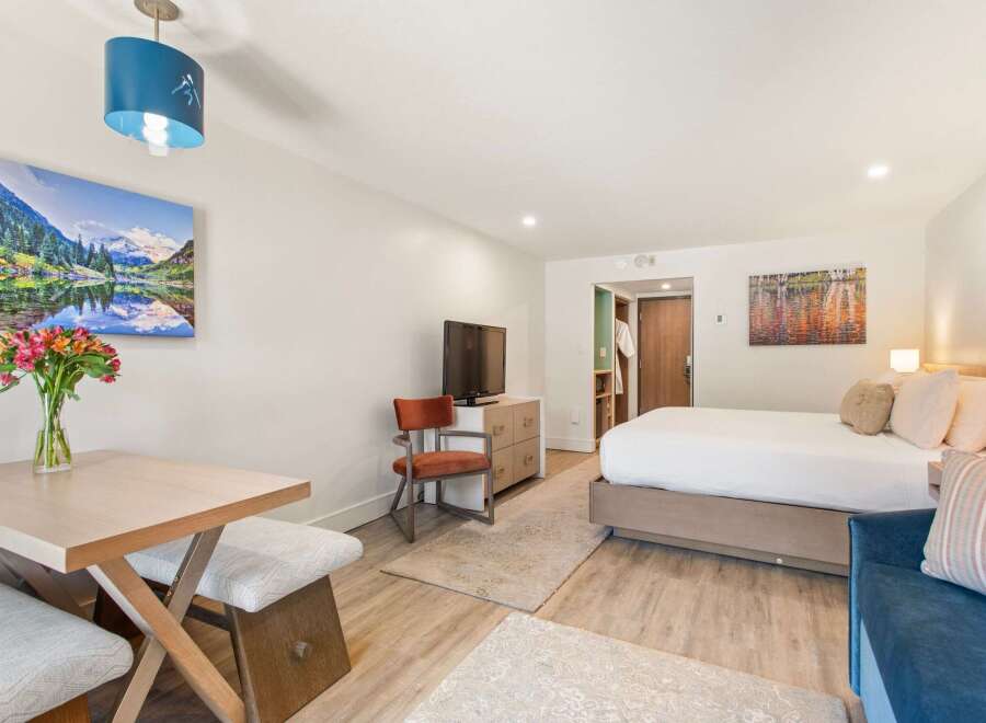 Experience comfort and style in this inviting hotel room, featuring a plush queen-size bed and a cozy seating area perfect for relaxation.