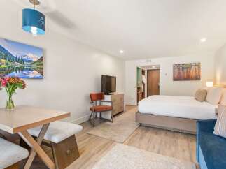 Experience comfort and style in this inviting hotel room, featuring a plush queen-size bed and a cozy seating area perfect for relaxation.