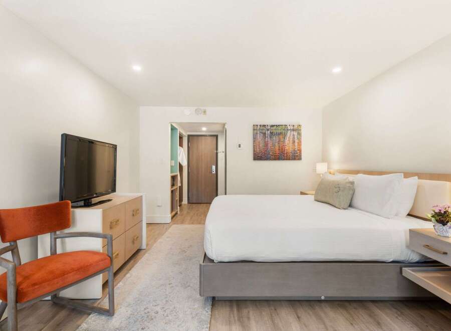 Experience comfort and style in this beautifully appointed hotel room, featuring a plush king-sized bed with crisp white linens and accent pillows.
