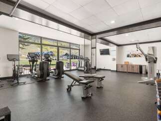 Experience a revitalizing workout with a view in this well-equipped gym, featuring a variety of cardio machines like treadmills and stationary bikes, alongside weight training equipment and benches.