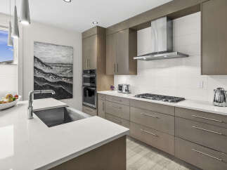 Experience modern luxury in this stunning kitchen, featuring sleek, grey cabinetry and a spacious quartz countertop.
