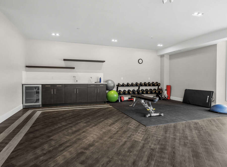 This modern home gym features a comprehensive dumbbell rack, an adjustable weight bench, and a variety of exercise balls for a complete workout.