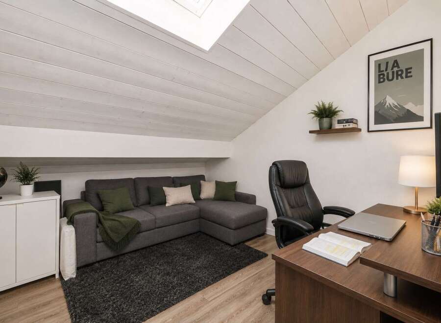 Discover this inviting attic space, perfect for a home office or cozy living area.