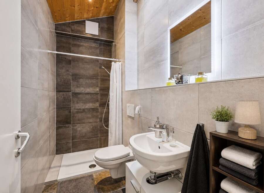 This modern bathroom features a spacious walk-in shower with dark tiled walls, complemented by a sleek white toilet and a stylish vanity with a vessel sink.