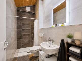 This modern bathroom features a spacious walk-in shower with dark tiled walls, complemented by a sleek white toilet and a stylish vanity with a vessel sink.